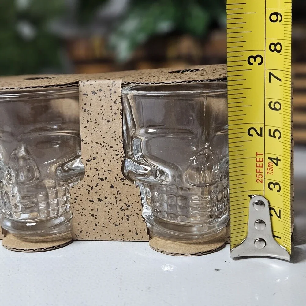 Original Set Of 4 Shot Glasses 3-D Skull Clear Glass Halloween /Day Of The Death